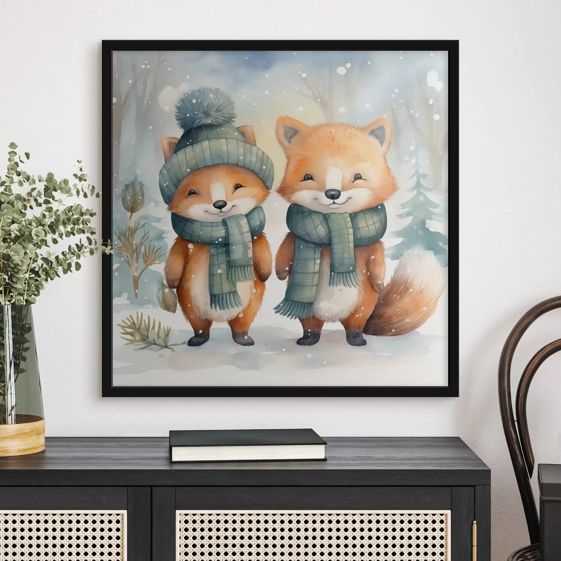 Papier peint photo Deux petits renards, imitation aquarelle f46969