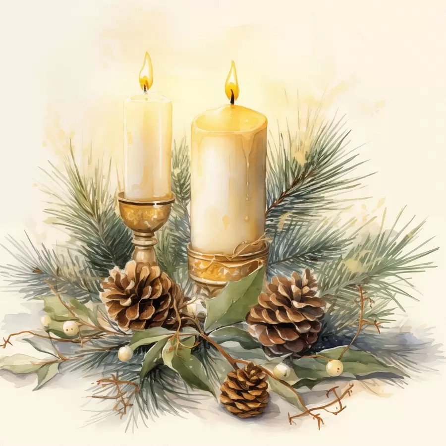 Fotobehang Arrangement, Nieuwjaar, Dennenboom en kaarsen f46971