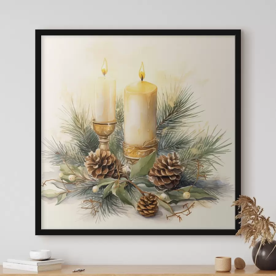 Fotobehang Arrangement, Nieuwjaar, Dennenboom en kaarsen f46971