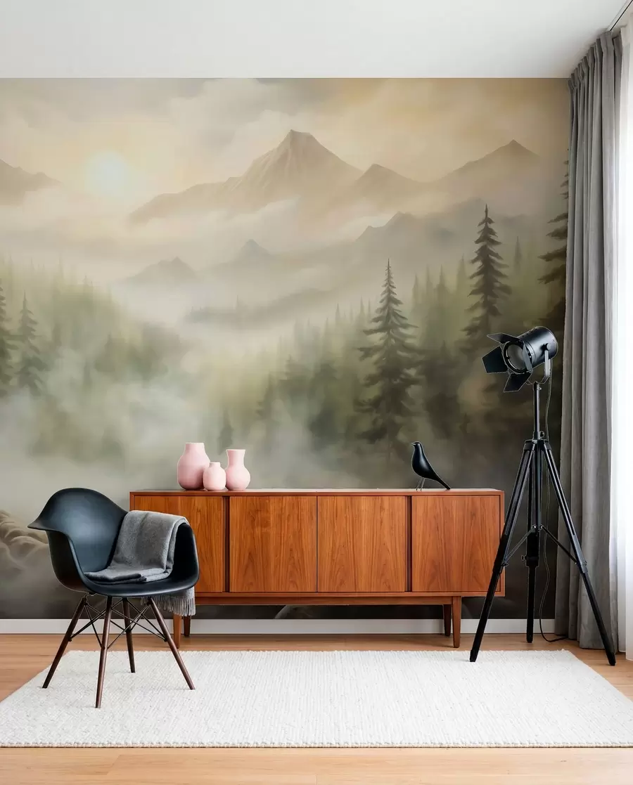 Fotobehang Bos in de mist tegen de achtergrond van bergen w04730