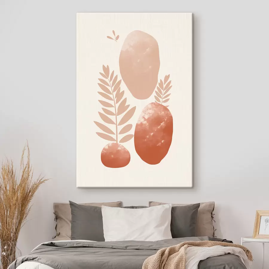  Peintures Formes abstraites, pierres texturées et feuilles dans des tons pêche et terre cuite discrets, minimalistes, fond crème. s47012
