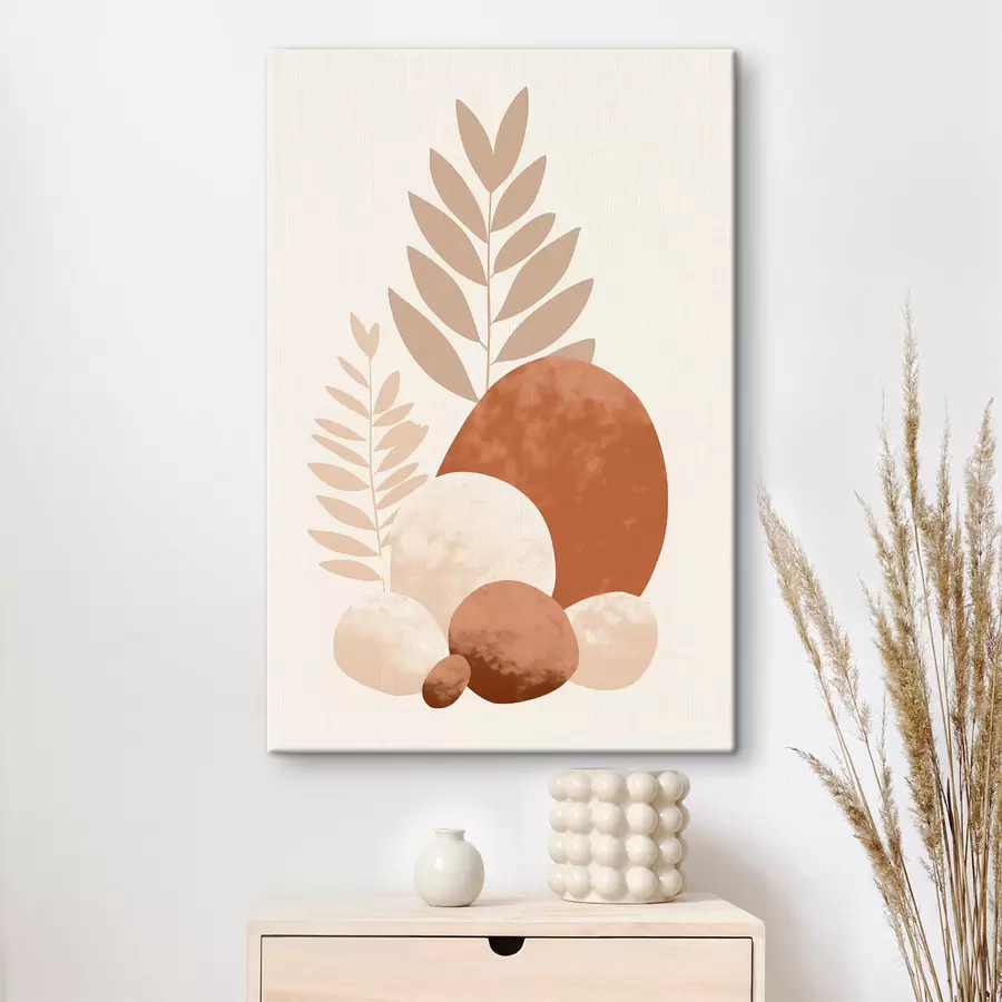  Peintures Formes abstraites, pierres texturées et feuilles dans des tons pêche et terre cuite discrets, minimalistes, fond crème. s47013