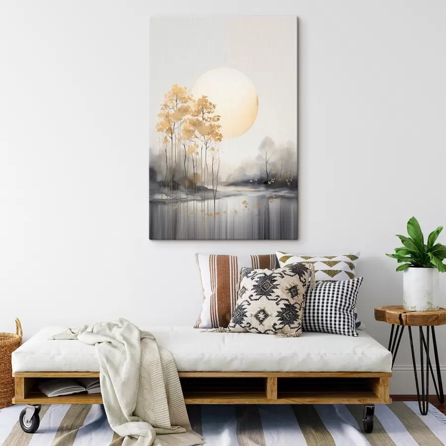  Peintures Paysage abstrait décoratif, grands arbres aux feuilles jaunes, une rivière et du brouillard en arrière-plan. s47014