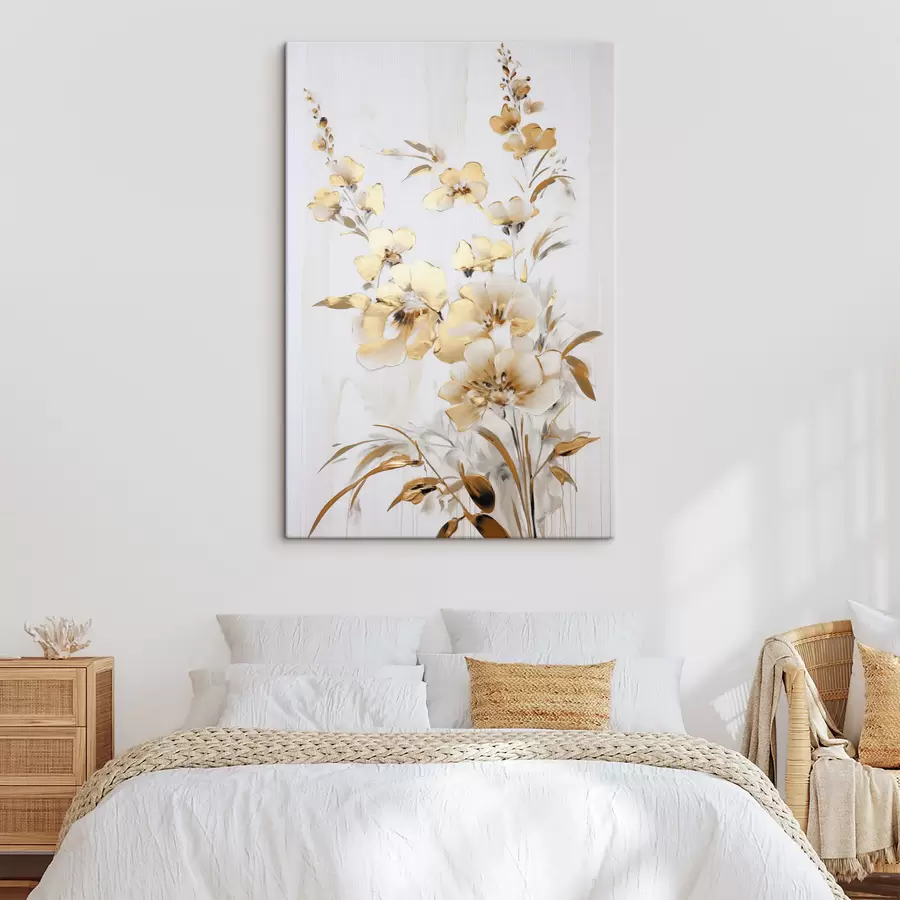  Peintures Fleurs et feuilles jaunes texturées sur fond blanc, avec des coups de pinceau délicats s47016