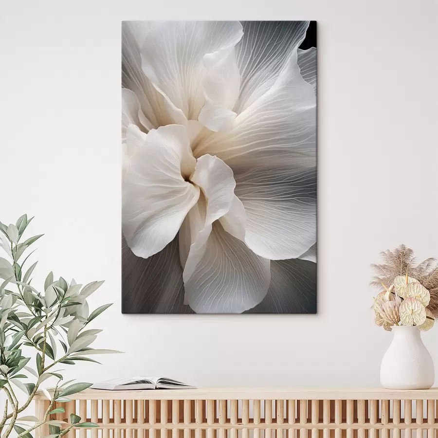  Peintures Gros plan sur de délicats pétales de fleurs blancs abstraits aux lignes complexes et au fond sombre flou s47018