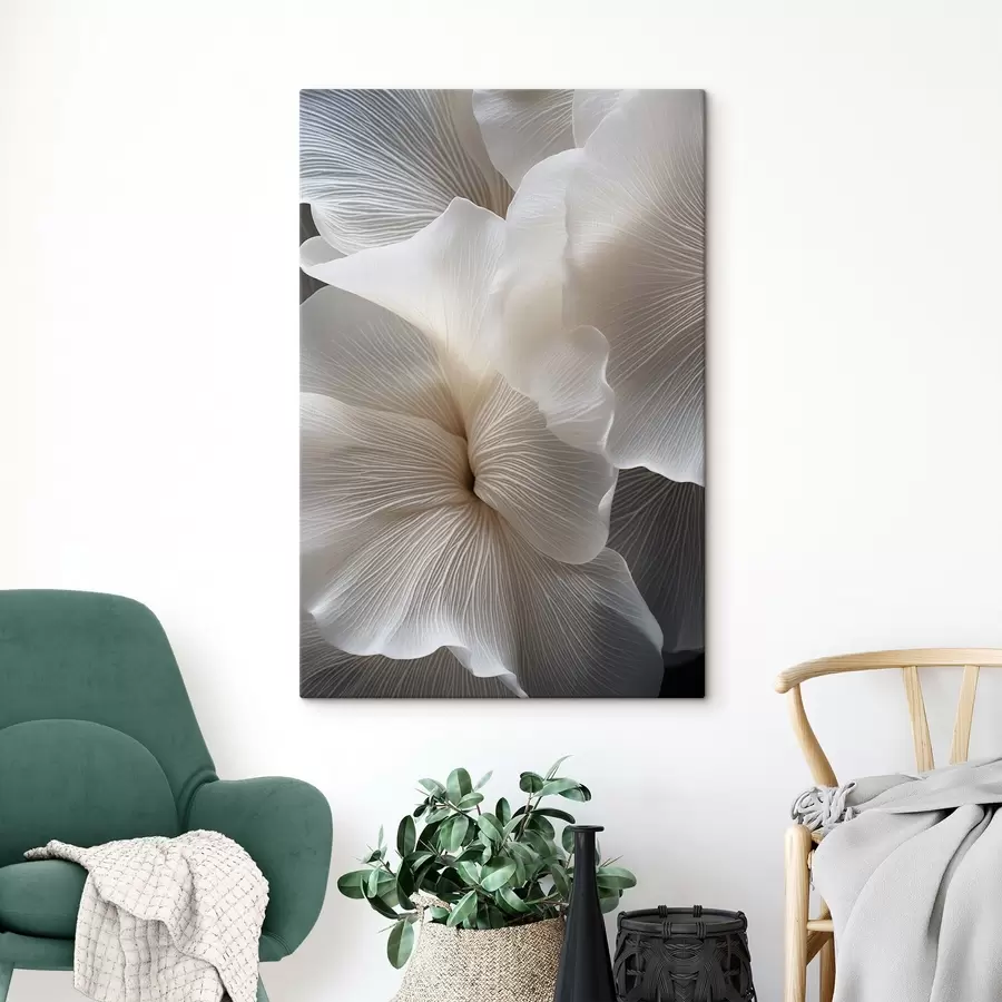  Peintures Gros plan sur de délicats pétales de fleurs blancs abstraits aux lignes complexes et au fond sombre flou s47019