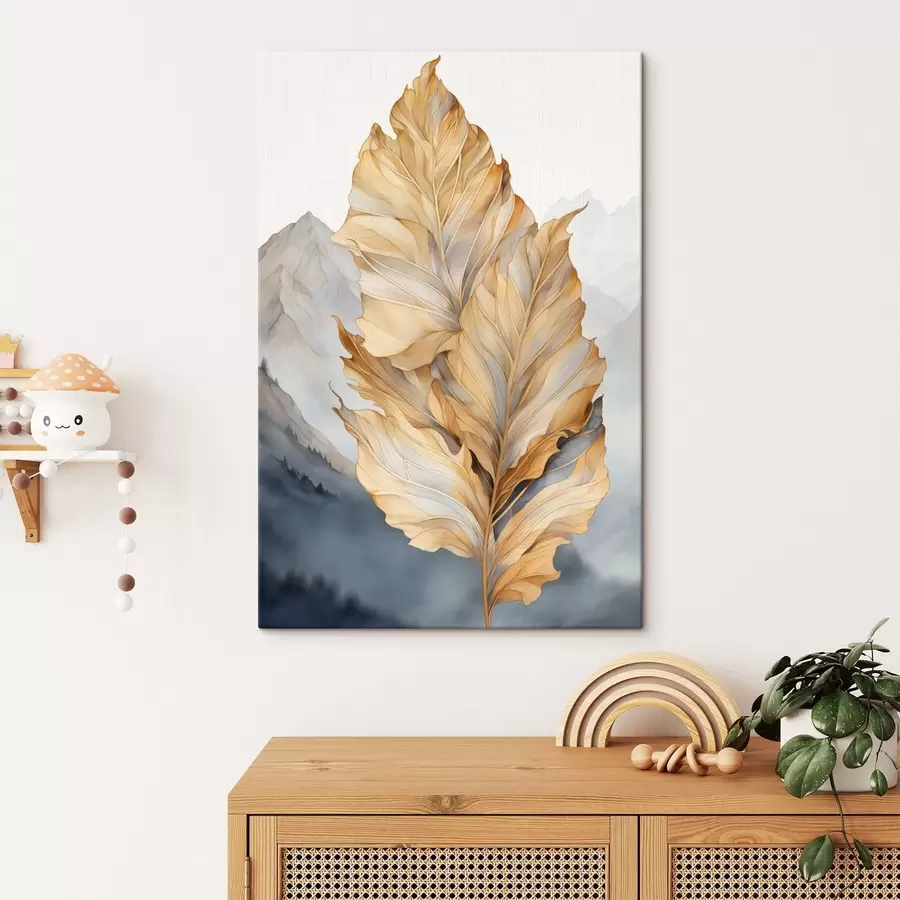  Peintures Feuilles abstraites, grandes, jaunes et brunes, aux détails complexes, sur fond de paysage montagneux. s47022