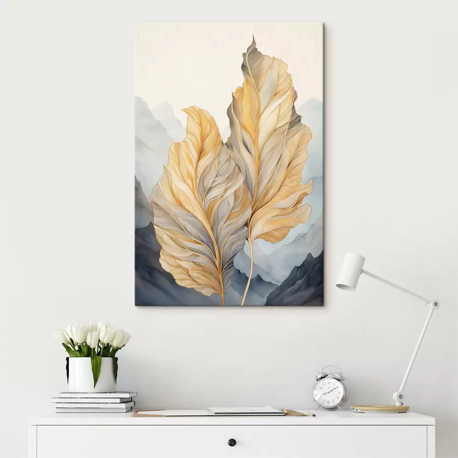  Peintures Feuilles abstraites, grandes, jaunes et brunes, aux détails complexes, sur fond de paysage montagneux. s47023