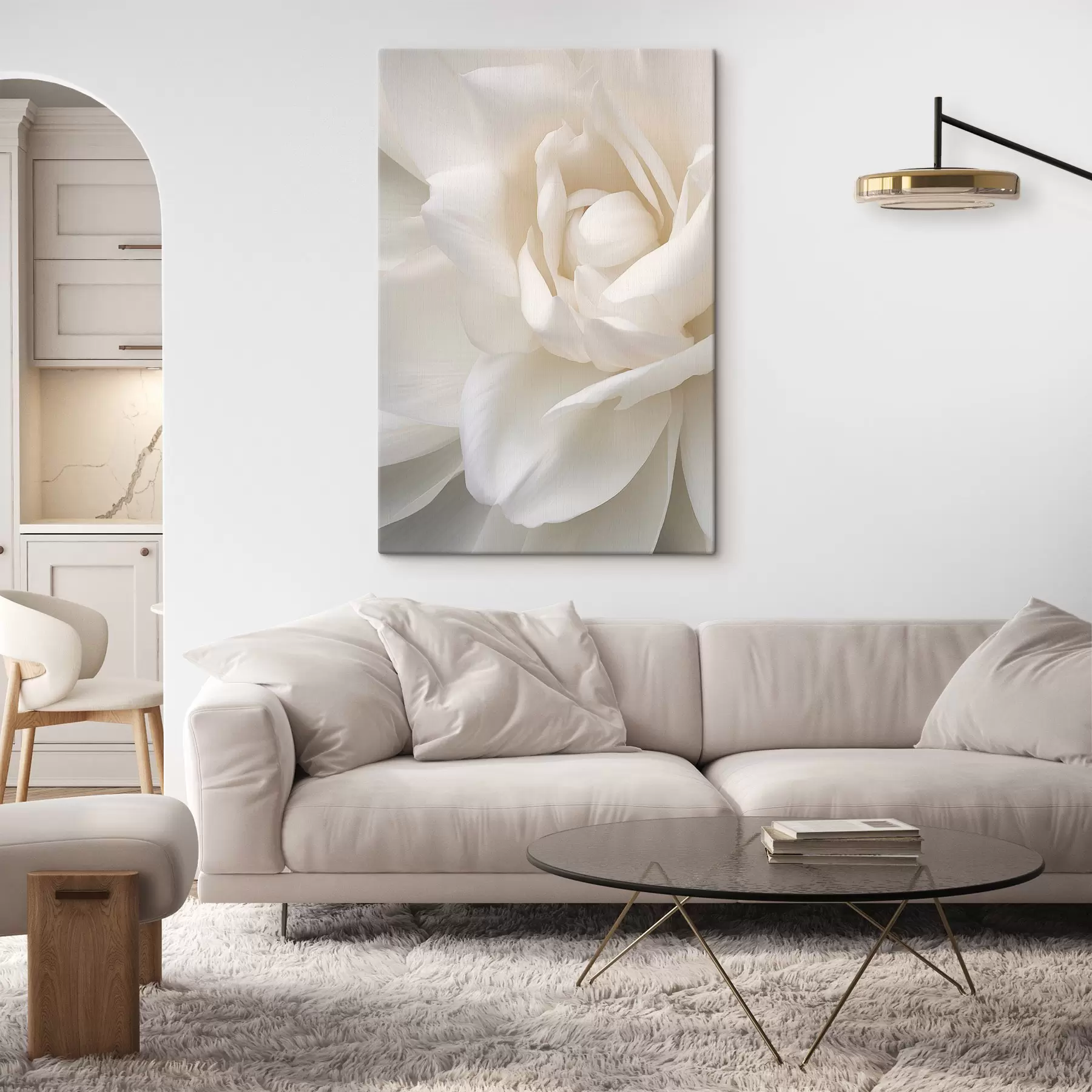  Schilderijen Abstracte witte bloem met delicate, gelaagde bloemblaadjes, minimalistische kunst s47025