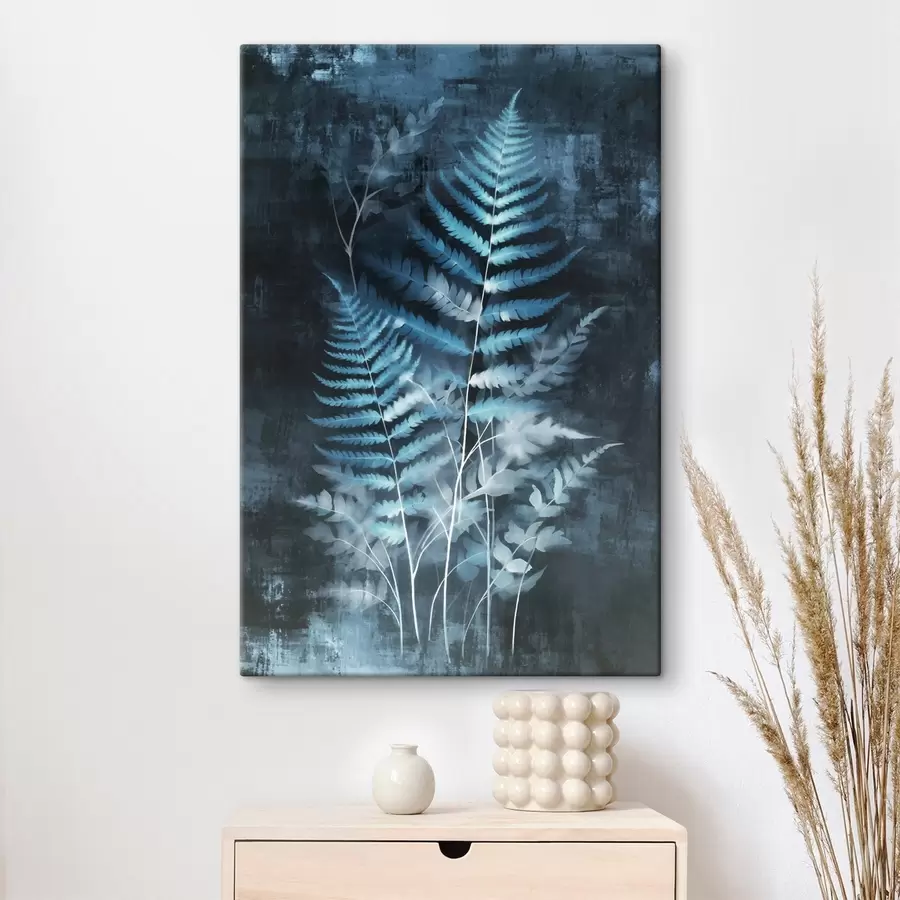  Peintures Fougères bleues et plantes sur un fond sombre et texturé, avec un accent sur les détails complexes, effet rayons X. s47026