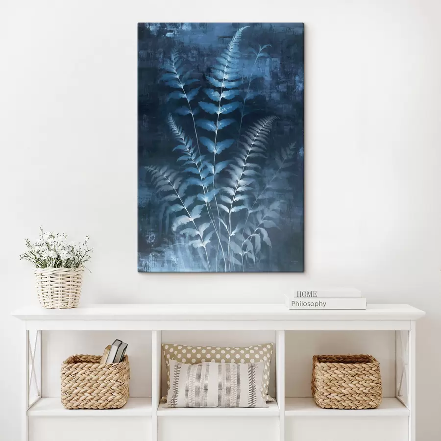  Peintures Fougères bleues et plantes sur un fond sombre et texturé, avec un accent sur les détails complexes, effet rayons X. s47027