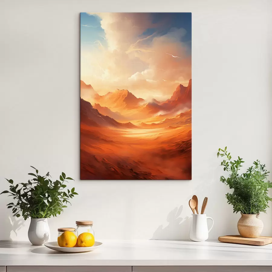  Peintures Un vaste paysage désertique orange avec des montagnes rocheuses imposantes sous un ciel brumeux et ensoleillé, parsemé de nuages vaporeux. s47028