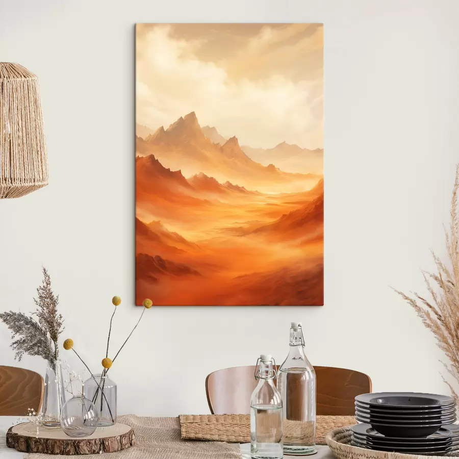  Peintures Un vaste paysage désertique orange avec des montagnes rocheuses imposantes sous un ciel brumeux et ensoleillé, parsemé de nuages vaporeux. s47029