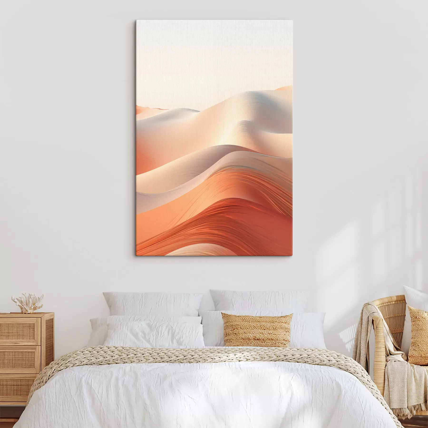  Peintures Paysage désertique abstrait avec des dunes de sable ondulantes dans des tons chauds orange et blanc s47031