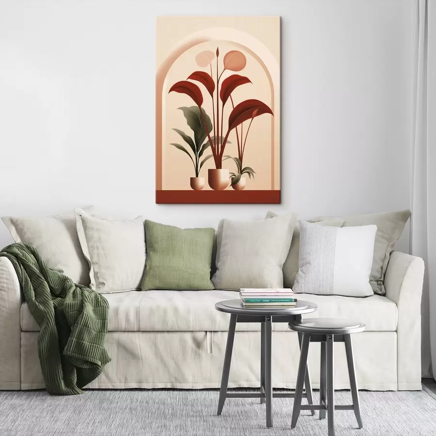  Peintures Plantes en pot abstraites avec de grandes feuilles vertes et rouges devant une arche de couleur crème. s47033