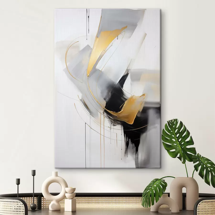  Peintures Peinture abstraite avec des touches de jaune, noir et blanc, lignes dynamiques s47034