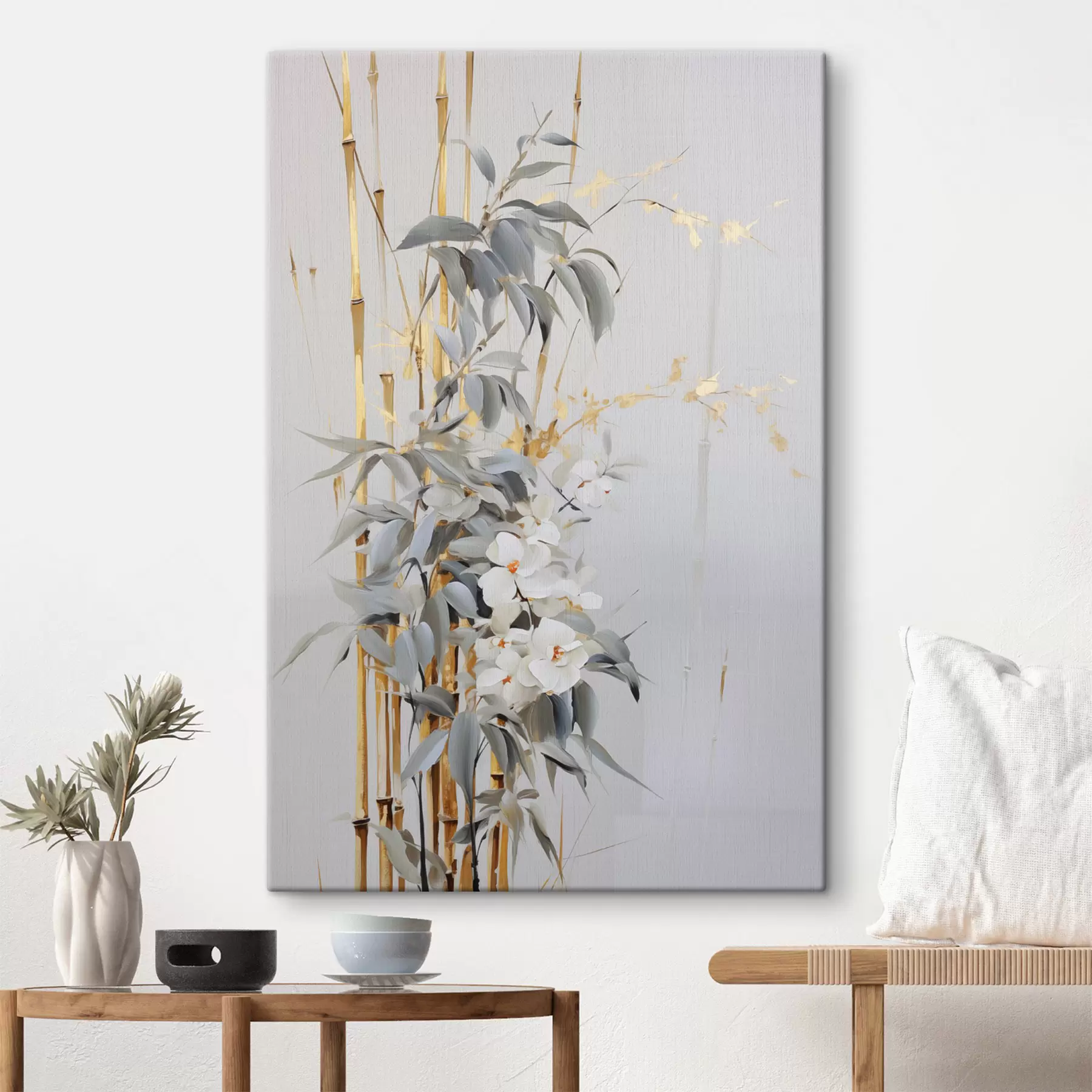  Schilderijen Abstracte bamboestengels met gele accenten, delicate witte bloemen en lichtgroene bladeren, grijze achtergrond s47038