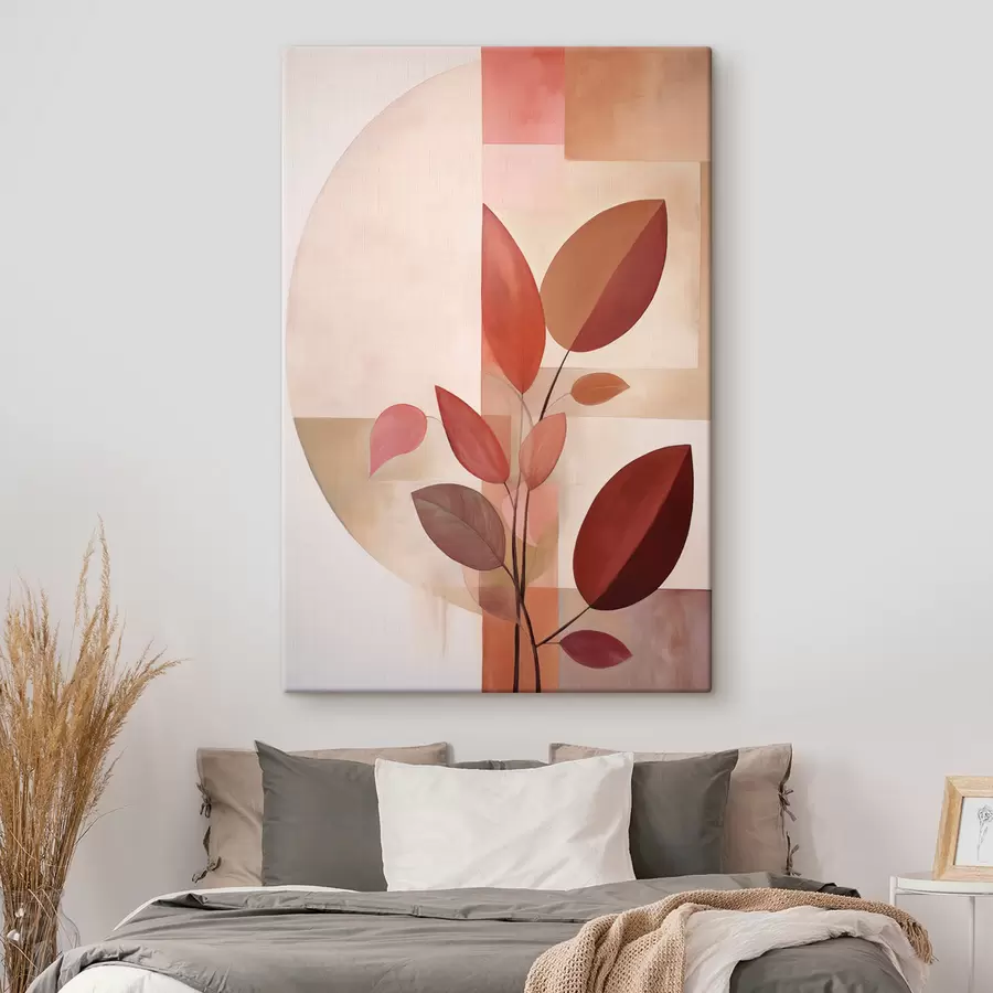  Peintures Plante abstraite aux feuilles rouges sur fond de formes géométriques et de couleurs douces et discrètes s47041