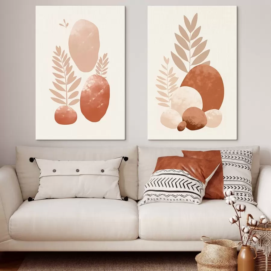  Peintures Formes abstraites, pierres texturées et feuilles dans des tons pêche et terre cuite discrets, minimalistes, fond crème. m01114
