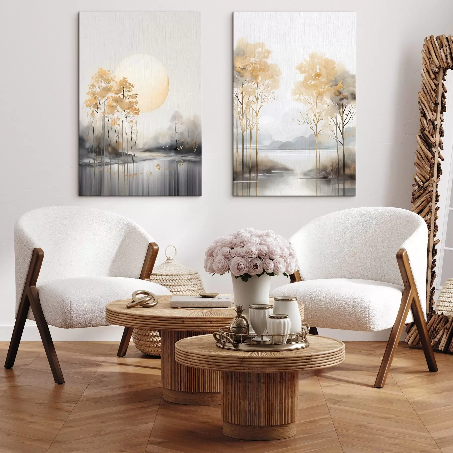  Schilderijen Decoratief abstract landschap, hoge bomen met gele bladeren, een rivier en mist op de achtergrond m01115