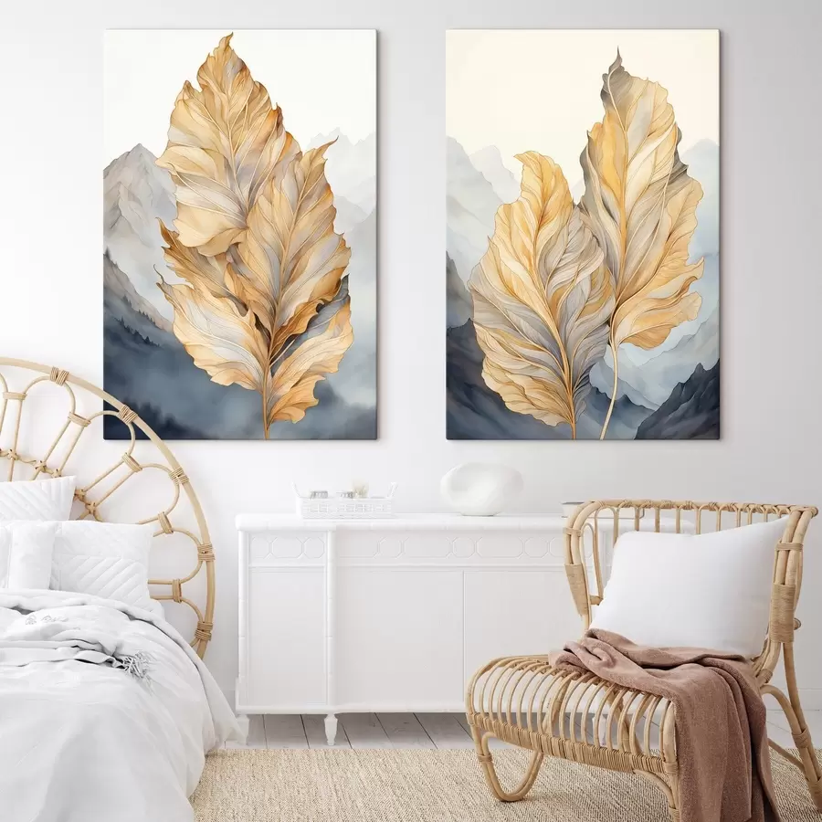  Peintures Feuilles abstraites, grandes, jaunes et brunes, aux détails complexes, sur fond de paysage montagneux. m01119