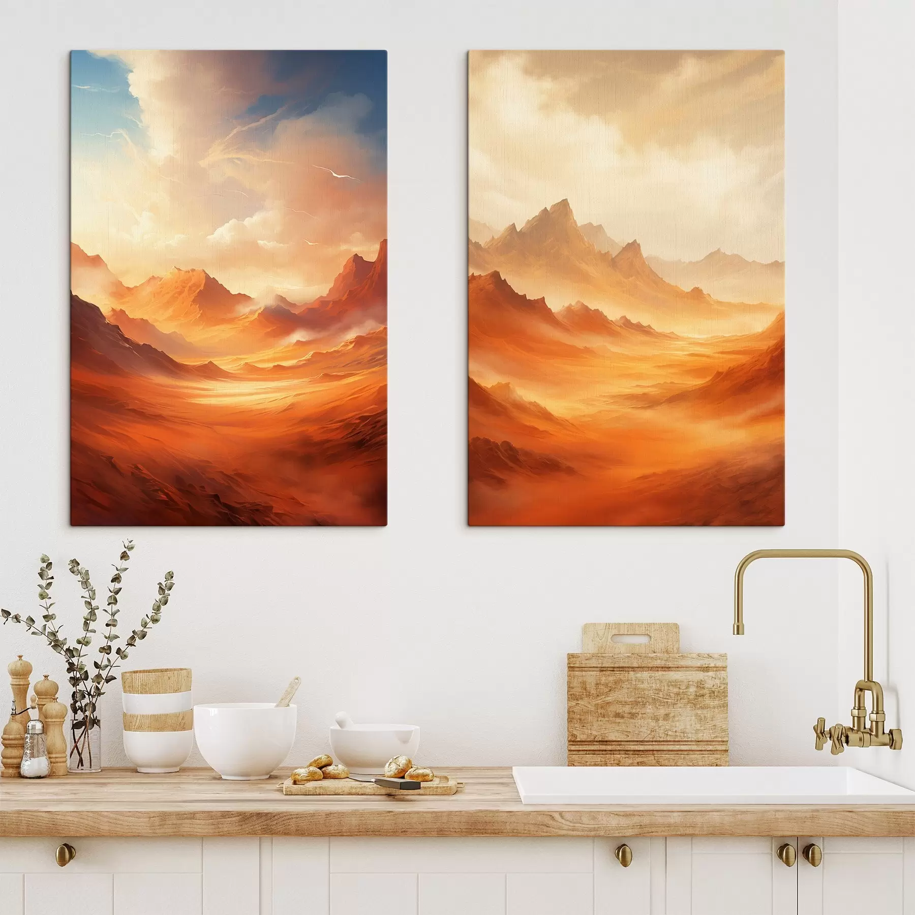  Schilderijen Een uitgestrekt, oranje woestijnlandschap met torenhoge, rotsachtige bergen onder een wazige, zonovergoten hemel met dunne wolken m01122