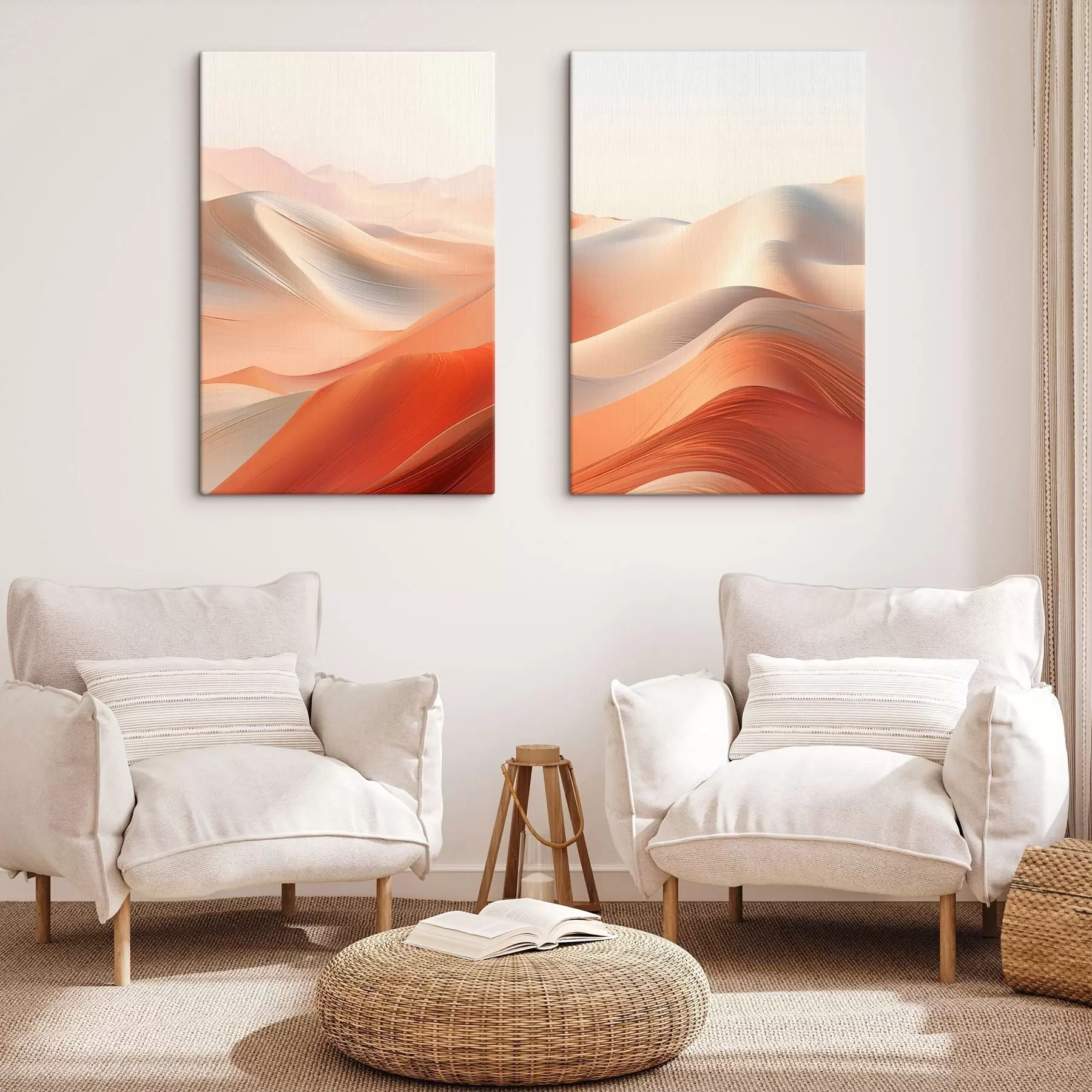  Schilderijen Abstract woestijnlandschap met vloeiende zandduinen in warme oranje en witte tinten m01123