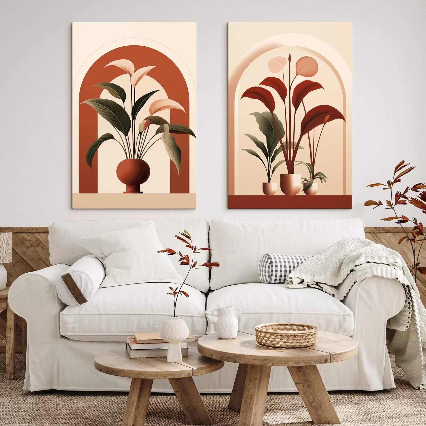  Schilderijen Abstracte potplanten met grote groene en rode bladeren voor een crèmekleurige boog m01124