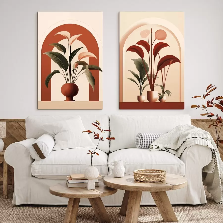  Peintures Plantes en pot abstraites avec de grandes feuilles vertes et rouges devant une arche de couleur crème. m01124