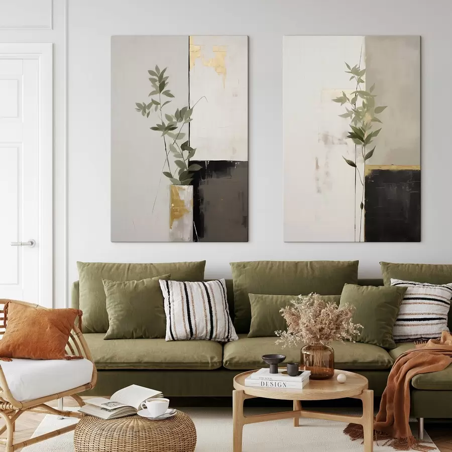  Peintures Une peinture minimaliste texturée représentant un vase avec des feuilles vertes sur fond de formes géométriques abstraites. m01126