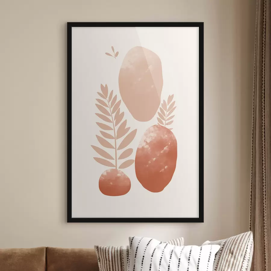 Papier peint photo Formes abstraites, pierres texturées et feuilles dans des tons pêche et terre cuite discrets, minimalistes, fond crème. f47012