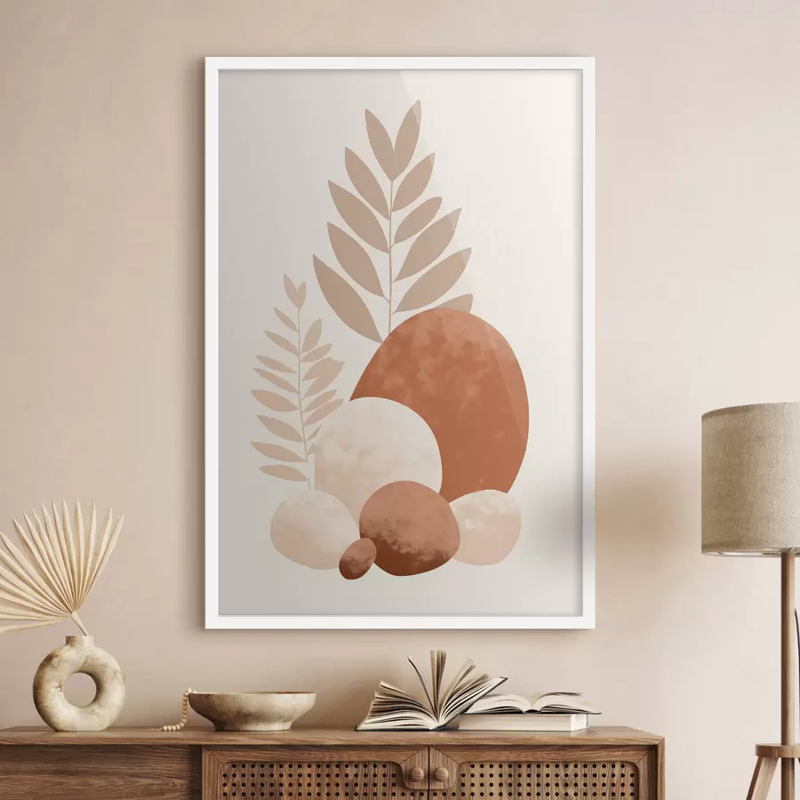 Papier peint photo Formes abstraites, pierres texturées et feuilles dans des tons pêche et terre cuite discrets, minimalistes, fond crème. f47013