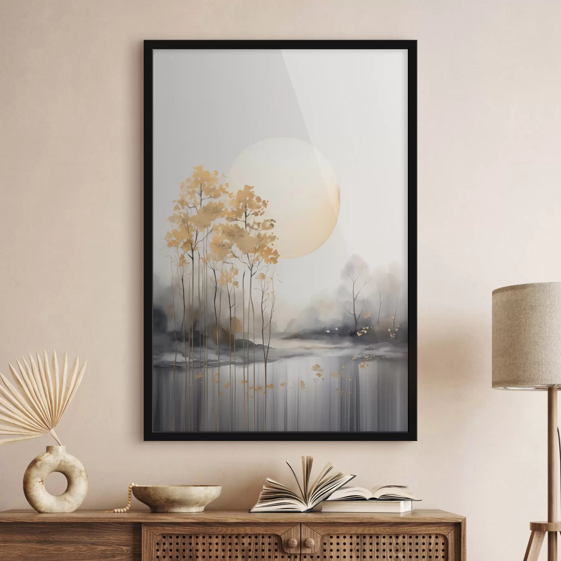 Fotobehang Decoratief abstract landschap, hoge bomen met gele bladeren, een rivier en mist op de achtergrond f47014
