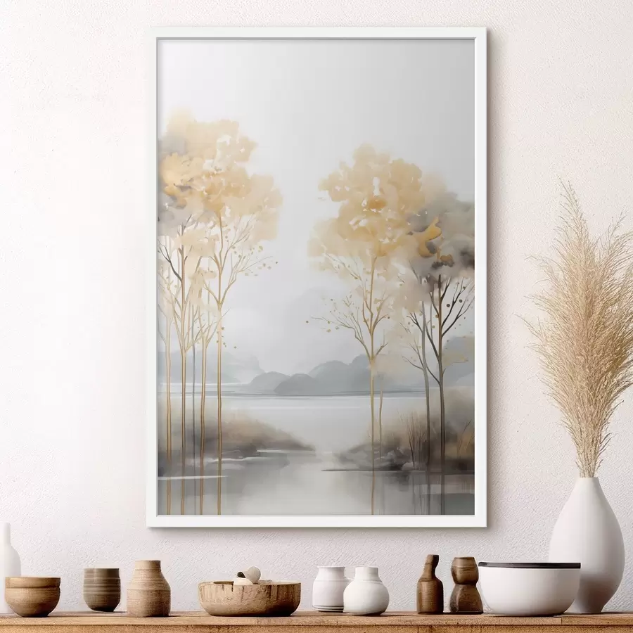 Papier peint photo Paysage abstrait décoratif, grands arbres aux feuilles jaunes, une rivière et du brouillard en arrière-plan f47015