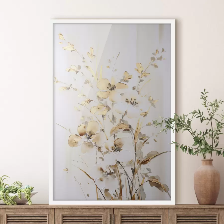 Papier peint photo Fleurs et feuilles jaunes texturées sur fond blanc, avec des coups de pinceau délicats f47017