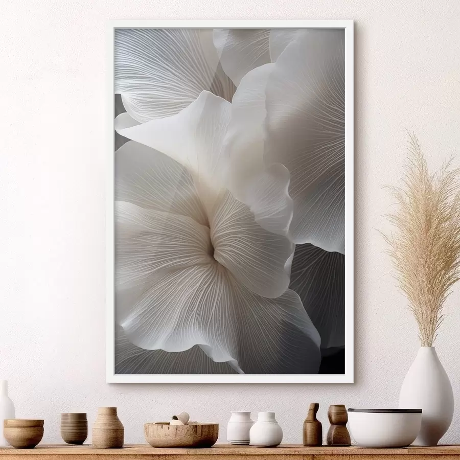 Papier peint photo Gros plan sur de délicats pétales de fleurs blancs abstraits aux lignes complexes et au fond sombre flou f47019