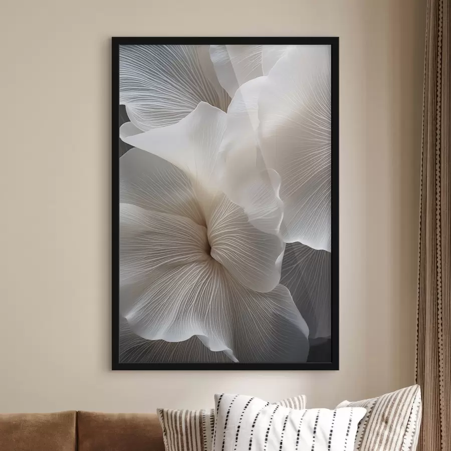 Papier peint photo Gros plan sur de délicats pétales de fleurs blancs abstraits aux lignes complexes et au fond sombre flou f47019