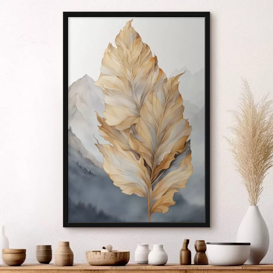 Papier peint photo Feuilles abstraites, grandes, jaunes et brunes, aux détails complexes, sur fond de paysage montagneux. f47022