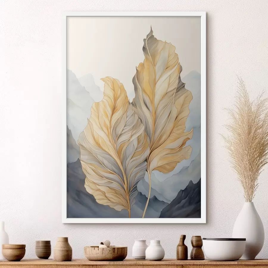 Papier peint photo Feuilles abstraites, grandes, jaunes et brunes, aux détails complexes, sur fond de paysage montagneux. f47023