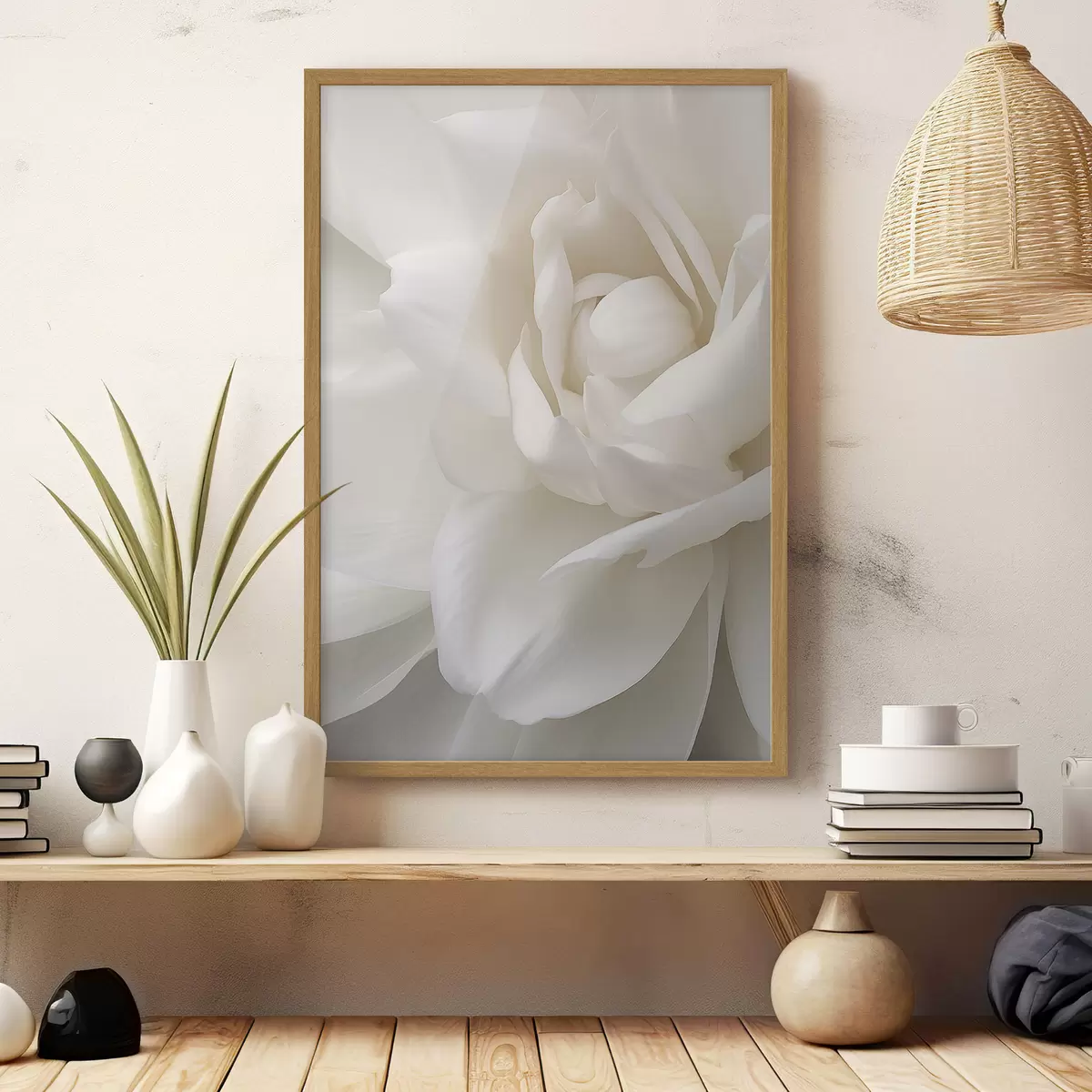Affiche Fleur blanche abstraite aux pétales délicats et superposés, art minimaliste f47025