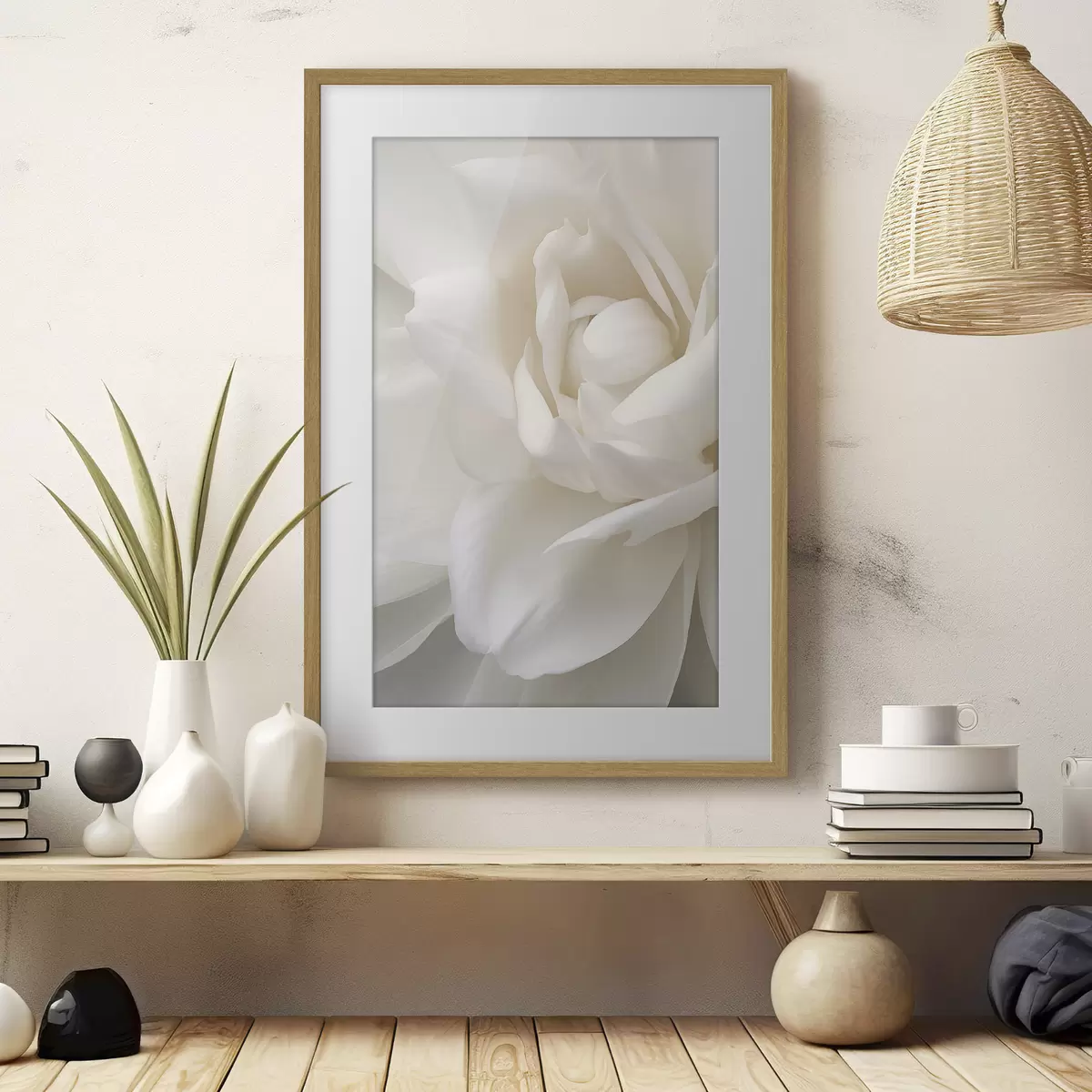 Affiche Fleur blanche abstraite aux pétales délicats et superposés, art minimaliste f47025