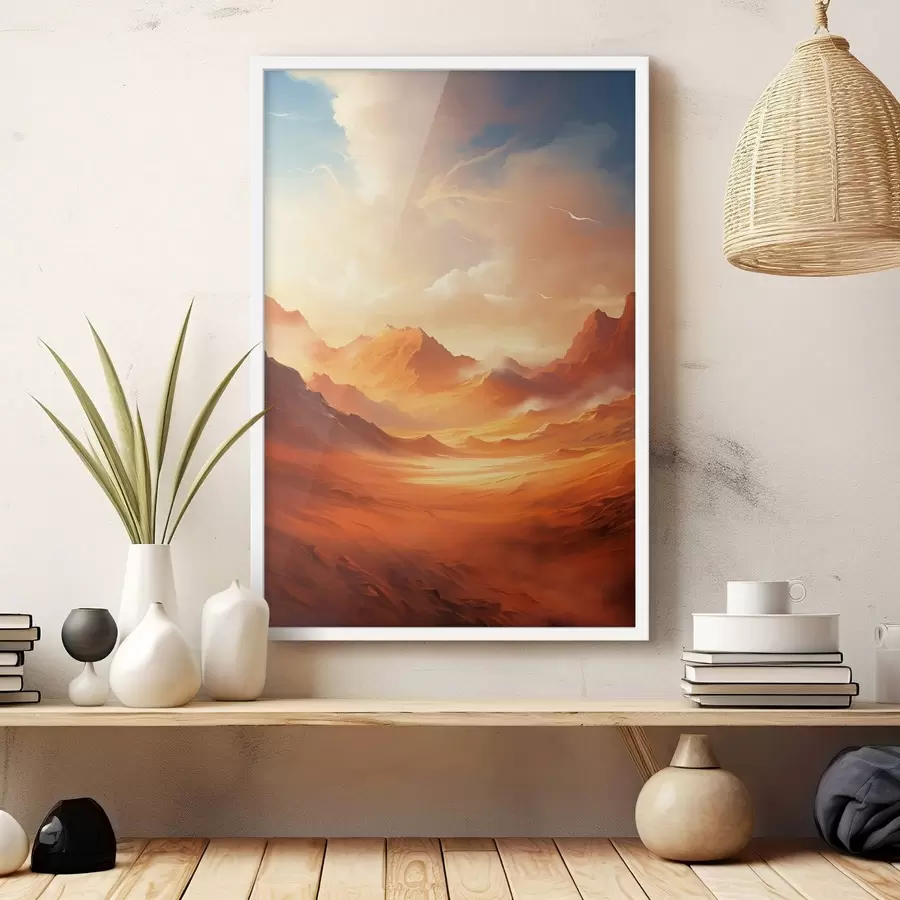 Papier peint photo Un vaste paysage désertique orange avec des montagnes rocheuses imposantes sous un ciel brumeux et ensoleillé, parsemé de nuages vaporeux. f47028