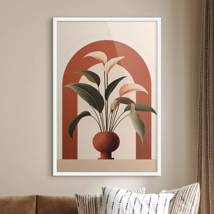 Papier peint photo Plante en pot abstraite avec de grandes feuilles vertes et beiges devant une arche de couleur crème rehaussée d'une touche de terre cuite. f47032