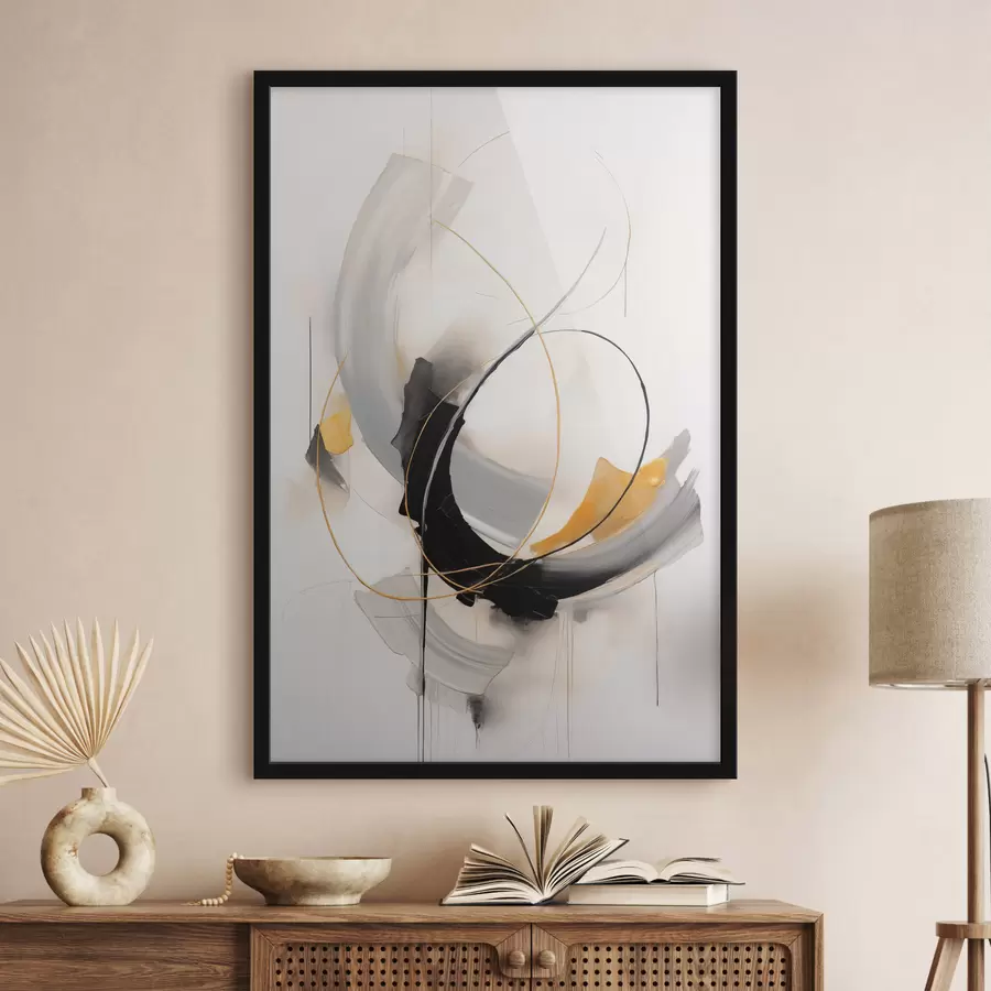 Papier peint photo Peinture abstraite avec des touches de jaune, noir et blanc, lignes dynamiques f47035