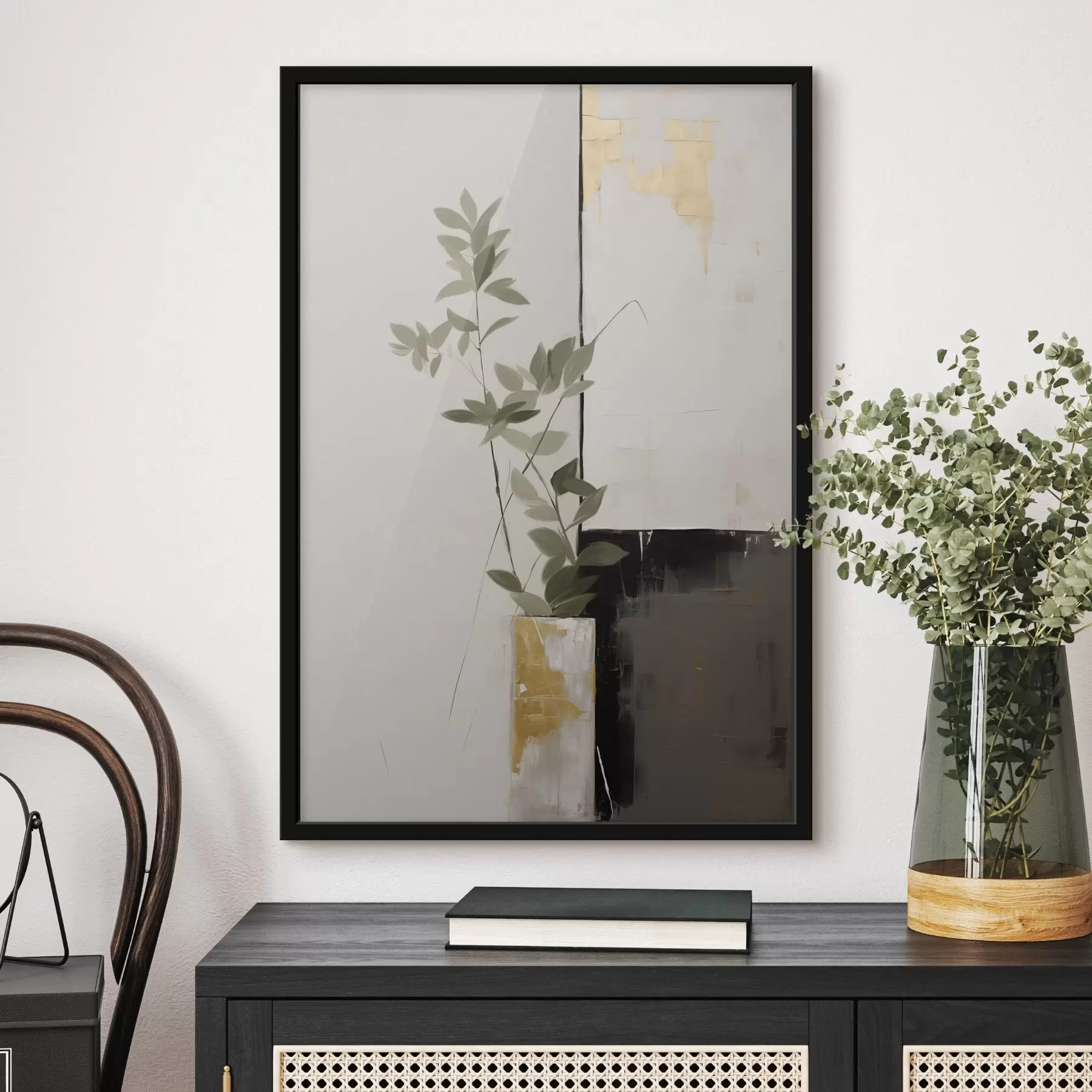 Fotobehang Een minimalistisch schilderij met textuur van een vaas met groene bladeren tegen een achtergrond van abstracte geometrische vormen f47036