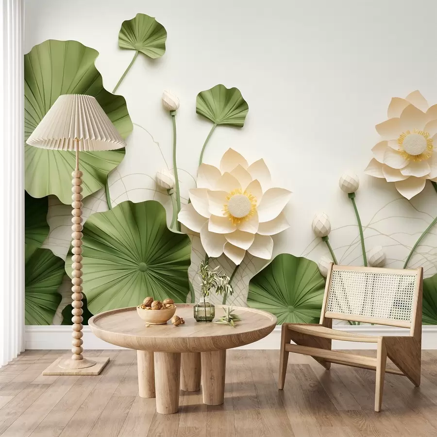 Papier peint photo Fleurs de lotus en 3D avec feuilles vertes texturées, style minimaliste w09560