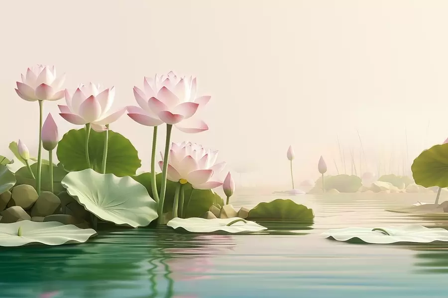 Fotobehang Roze lotusbloemen op het water, een rustig tropisch landschap w09561