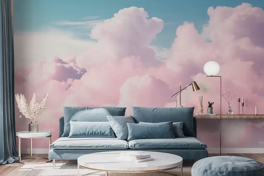 Fotobehang Zachte, luchtige roze wolken in een blauwe lucht w09569