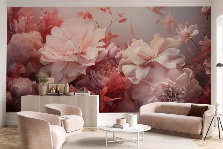 Fotobehang Volumineuze poederroze pioenrozen in een bloemstuk w09571