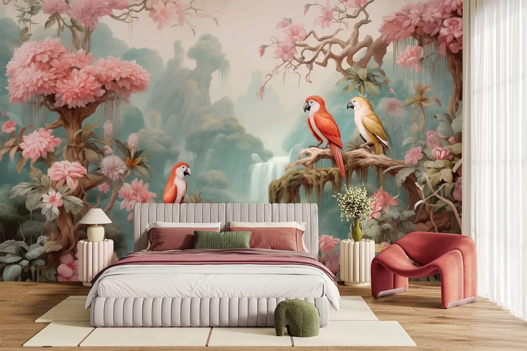 Papier peint photo Une forêt tropicale féérique avec des perroquets, des arbres en fleurs roses et une cascade. w09580